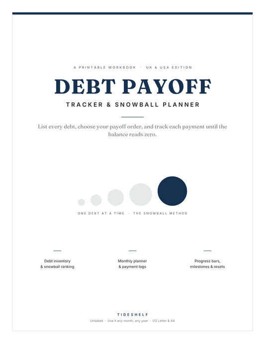 Debt Payoff Tracker & Snowball Planner — 63-Page Printable Debt Payoff Workbook (PDF, US Letter & A4)